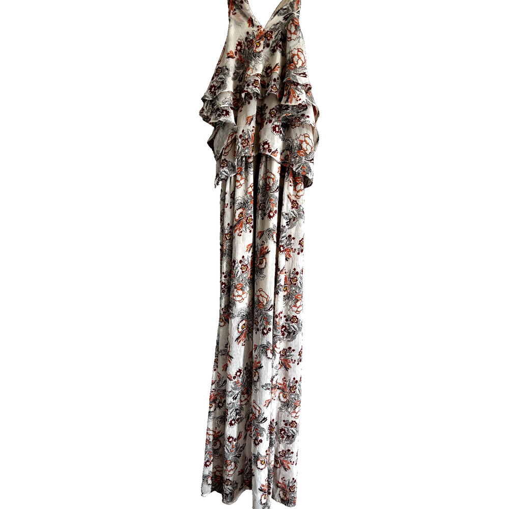 Love Fire Floral Maxi Dress Cottagecore Boho Ruffle top SZ M wedding career chic
